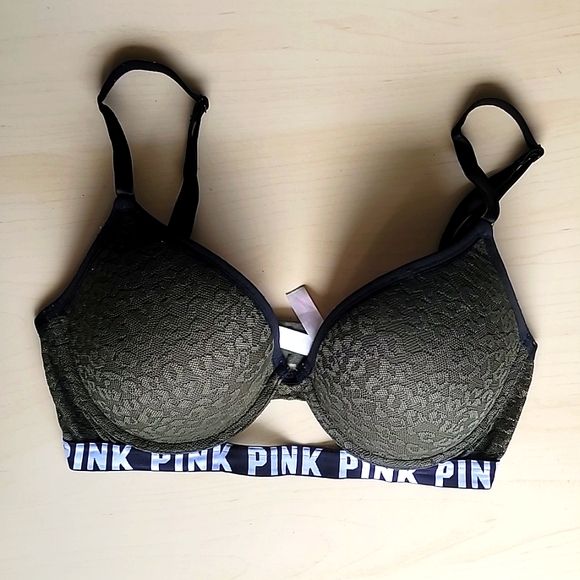 Victoria's Secret PINK Where Everywhere Push Up 32DD Dark Green Leopard Lace - Picture 1 of 13